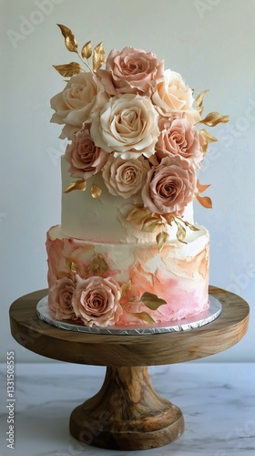 Elegant Wedding Cake With Pastel Roses and Gold Accents Displayed on a Wooden...