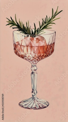 Refreshing Cocktail Garnished With Rosemary and Cranberry in a Decorative Gla...