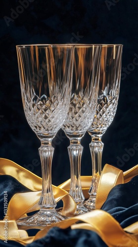 Elegant Champagne Flutes With Golden Rims and Satin Bows on Dark Green Fabric