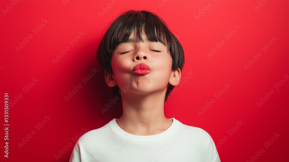 Joyful Boy Making Funny Faces Studio Portrait Photography Playful Expressions on Red Background High-Quality Commercial Shot for Advertising & Graphic Design Use Joyful Boy Making Funny Faces Studio Portrait Photography Playful Expressions on Red Background High-Quality Commercial Shot for Advertising & Graphic Design Use