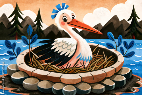stork in the nest with stones abstract cartoon