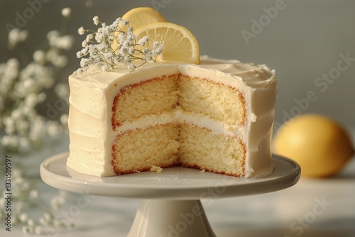 Delightful Lemon Cake With Buttercream Frosting and Fresh Flowers for a Sweet...