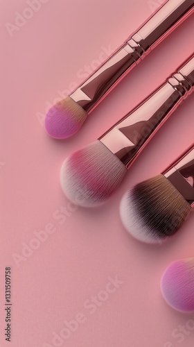 Makeup Brushes Arranged Neatly on a Soft Pink Background Highlighting Their F...