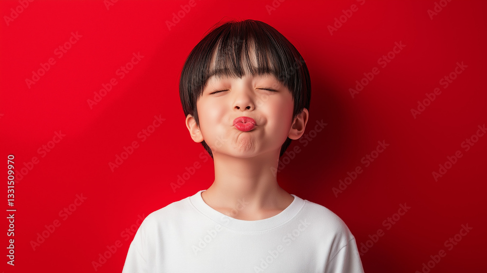 Joyful Boy Making Funny Faces Studio Portrait Photography Playful Expressions on Red Background High-Quality Commercial Shot for Advertising & Graphic Design Use Joyful Boy Making Funny Faces Studio Portrait Photography Playful Expressions on Red Background High-Quality Commercial Shot for Advertising & Graphic Design Use