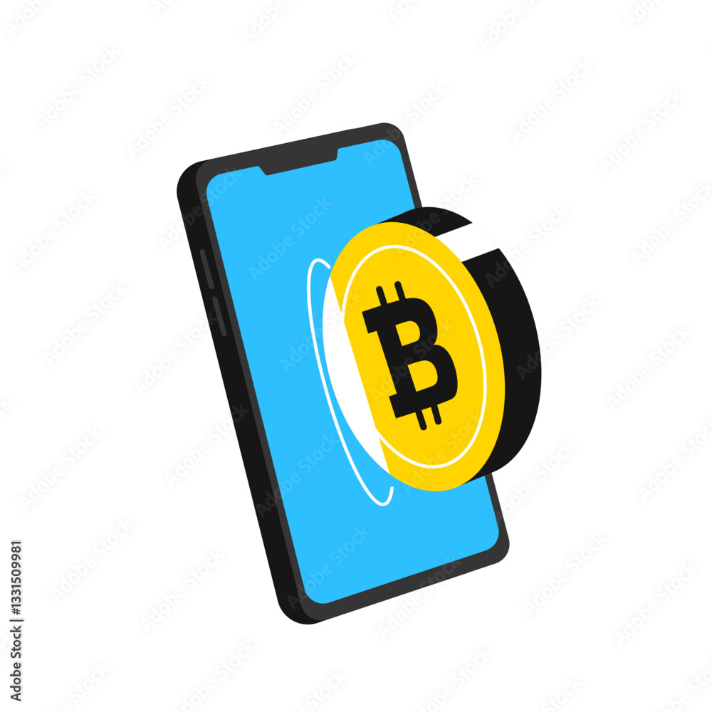 Flat modern design concept of cryptocurrency technology, bitcoin exchange, mobile banking. smartphone with bitcoin and dollars coming out. Transfer money from Bitcoin coin wallet to Smartphone Flat modern design concept of cryptocurrency technology, bitcoin exchange, mobile banking. smartphone with bitcoin and dollars coming out. Transfer money from Bitcoin coin wallet to Smartphone
