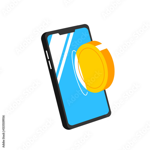 Flat modern design concept of cryptocurrency technology, bitcoin exchange, mobile banking. smartphone with bitcoin and dollars coming out. Transfer money from Bitcoin coin wallet to Smartphone
