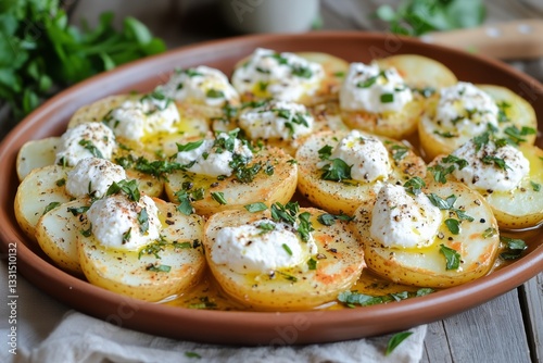 Delicately Plated Roasted Potatoes With Creamy Topping and Fresh Herbs for a ...