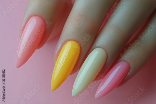 Trendy Pastel Nail Design Featuring Yellow Pink and White Colors in Bright Li...