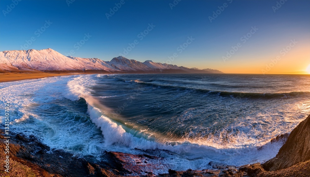 Fototapeta premium Breathtaking split landscape showing the contrast between a powerful blue ocean with crashing waves and a calm, lush green forest.