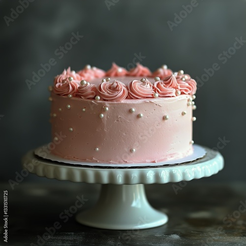 Pink Decorated Cake With Pearls Displayed on a Stand in Elegant Setting