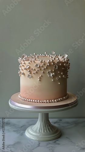 Elegant Cake With Pearl Decoration and Floral Accents on a Cake Stand