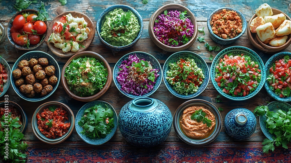 Delicious Middle Eastern Mezze Platter with Various Dips Salads and Appetizers Delicious Middle Eastern Mezze Platter with Various Dips Salads and Appetizers