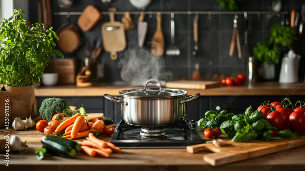 Fotografie Steaming pot with fresh produce in rustic kitchen