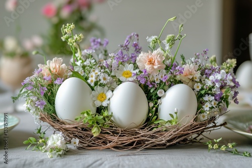 Elegant Easter Egg Arrangement Surrounded by Fresh Flowers in a Beautiful Set...