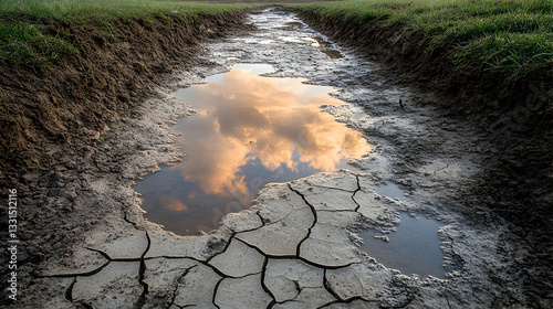 Cloudy reflection in a puddle photo