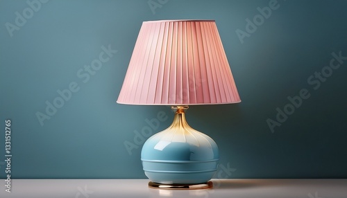 elegant lamp with a soft pink shade and a sleek blue base photo