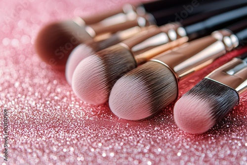 Collection of Makeup Brushes and Tools Arranged on Pink Blueprint Background ...