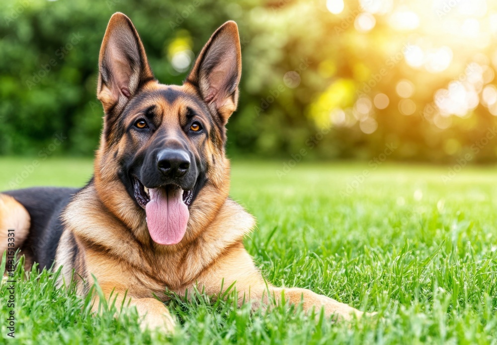 German Shepherd dog lying in the grass, tongue out, looking at the camera. Warm sunlight in background.
