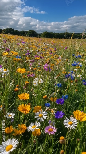 Vibrant Wildflower Meadow in Springtime Showcasing Colorful Blossoms and Lush...
