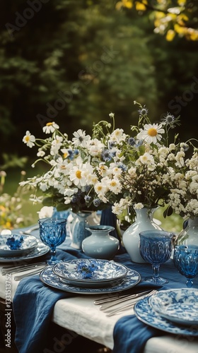 Elegant Outdoor Dining Setup With Blue Tableware and Floral Centerpieces for ...