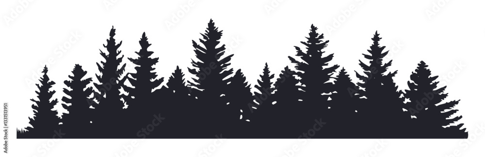 Fototapeta premium Silhouette of Pine Trees in a Dense Forest. Nature Landscape Background