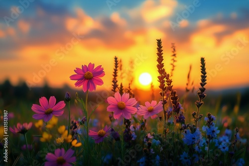 Colorful Wildflowers Bloom at Sunset in a Vibrant Landscape