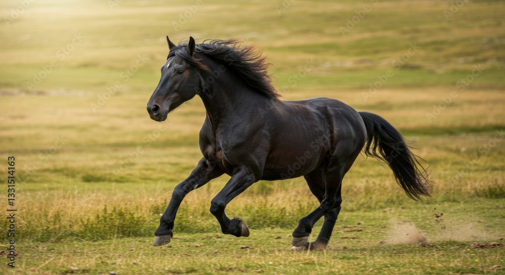 Black Horse Galloping in Golden Field - A majestic black horse runs freely across a sunlit field, symbolizing freedom, power, grace, wildness, and untamed spirit Black Horse Galloping in Golden Field - A majestic black horse runs freely across a sunlit field, symbolizing freedom, power, grace, wildness, and untamed spirit