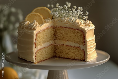 Delightful Lemon Cake With Buttercream Frosting and Fresh Flowers for a Sweet...