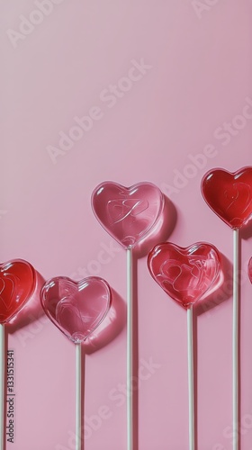Heart Shaped Lollipops Arranged in a Line on a Pink Background for Festive Oc...