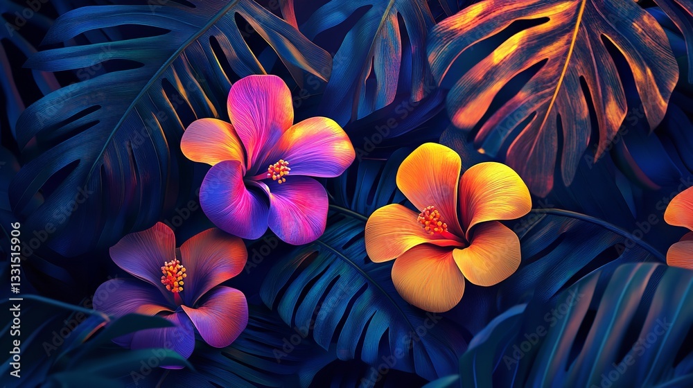Obraz premium Vibrant Tropical Flowers and Lush Leaves in Deep Night Colors
