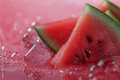 Refreshing Summertime Watermelon Slices With Ice Cubes on a Pink Background