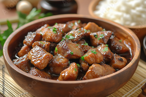 Authentic Filipino Pork Adobo in a Rustic Wooden Bowl
