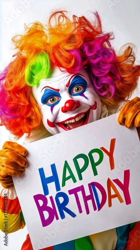 Brightly Painted Clown Celebrating a Birthday With a Colorful Sign in Hand at...