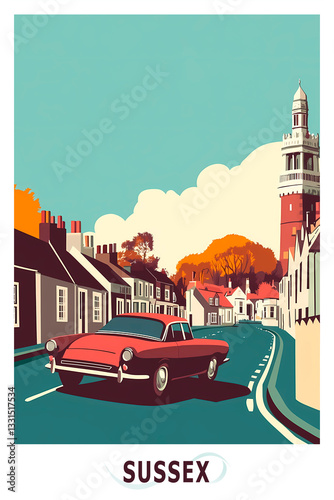 Sussex, England, UK county illustrated poster in retro style. Vintage travel booklet, brochure, postcard, print, cover with townscape street view