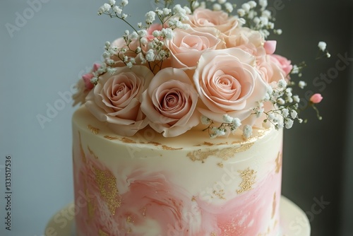 Elegant Cake Adorned With Pink Roses and Delicate Baby Breath for a Special C...