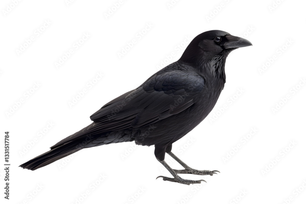 Naklejka premium Isolated Black Crow Bird in Detailed Plumage on Transparent Background Animal Wildlife Nature Raven with Feathered Wing and Perched Stance