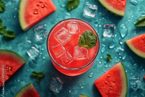 Refreshing Watermelon Drink With Ice and Mint on a Vibrant Background