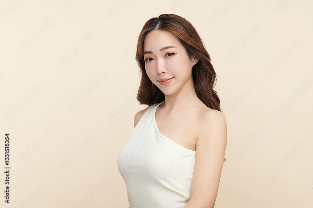 A beautiful young Asian woman with clean, fresh skin against a beige background. She represents beauty, skincare, and spa treatments. A beautiful young Asian woman with clean, fresh skin against a beige background. She represents beauty, skincare, and spa treatments.