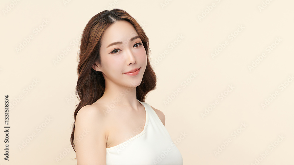 A beautiful young Asian woman with clean, fresh skin against a beige background. She represents beauty, skincare, and spa treatments. A beautiful young Asian woman with clean, fresh skin against a beige background. She represents beauty, skincare, and spa treatments.