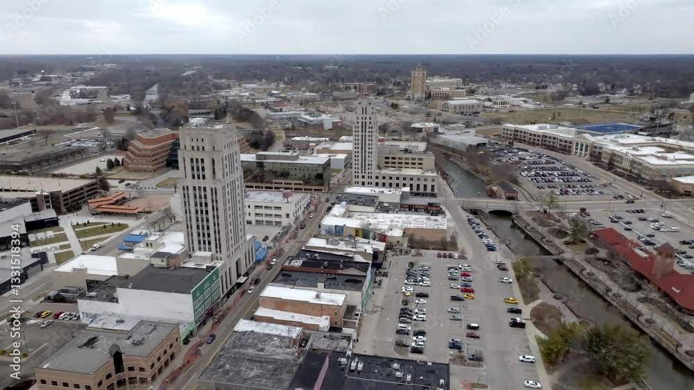 Battle Creek, Michigan downtown with drone video moving in. Battle Creek, Michigan downtown with drone video moving in.