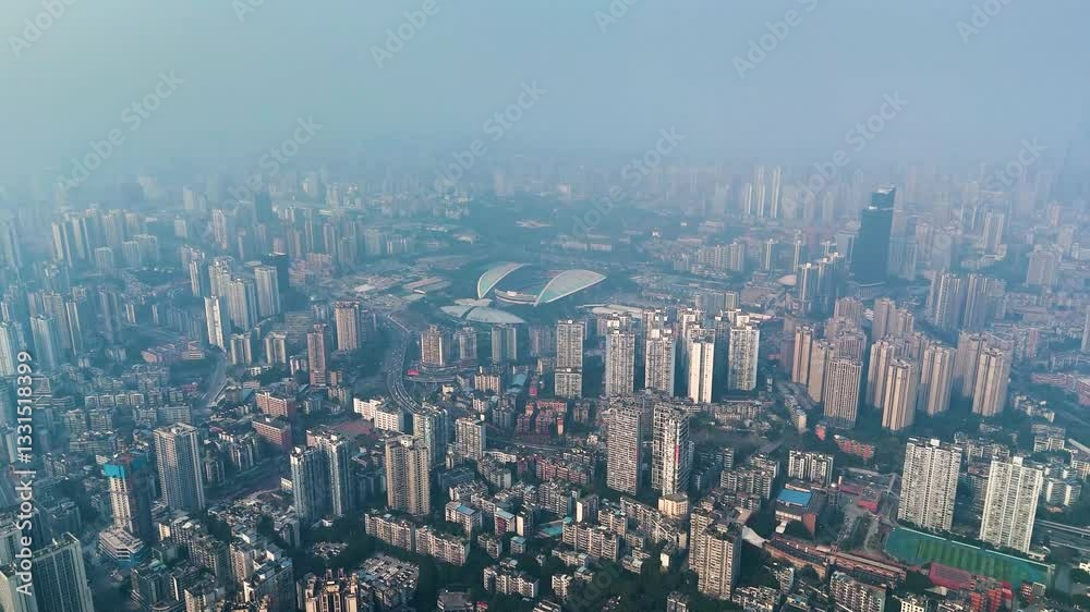 Aerial: Chongqing cityscape with extreme pollution during the day in Yuzhong District, China, establishing drone shot Aerial: Chongqing cityscape with extreme pollution during the day in Yuzhong District, China, establishing drone shot