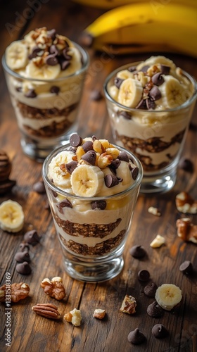 Delicious Banana Pudding Cups With Chocolate Chips and Walnuts Served on a Wo...
