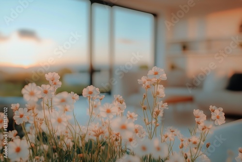 Beautiful Flowers in a Cozy Living Room at Sunset With Scenic View