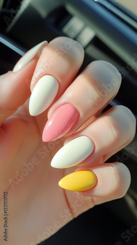 Trendy Pastel Nail Design Featuring Yellow Pink and White Colors in Bright Li...