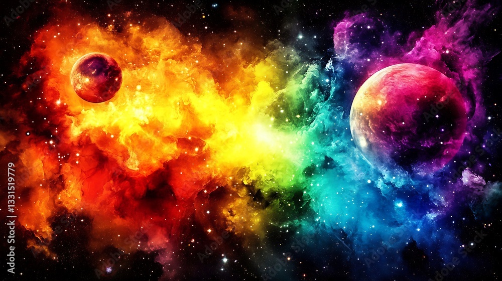 Naklejka premium Two Planets Exist Amidst Colorful Nebulae Across Outer Space