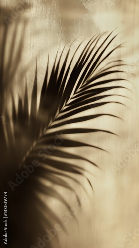 Silhouette of a Palm Leaf Casting a Shadow Against a Textured Background in W...