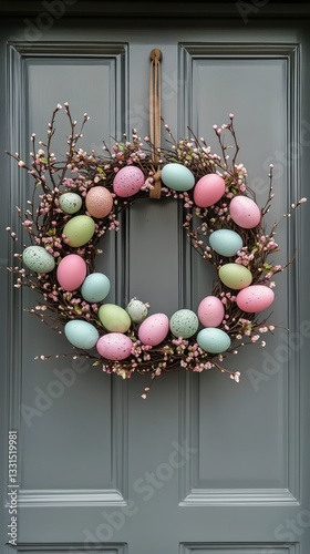 Easter Wreath With Pastel Eggs and Flowers Adorning a Front Door in Springtime