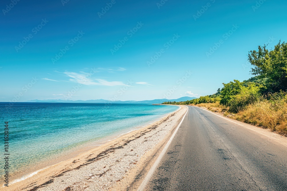Fototapeta premium Calm waters and clear skies line the empty coastal road by the beach.
