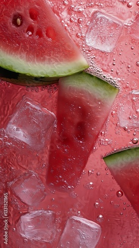 Refreshing Watermelon Slice in Bubbly Beverage With Ice Cubes on a Warm Summe...