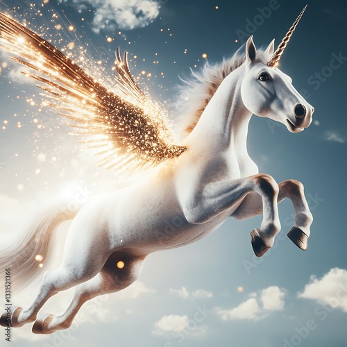 A Majestic White Unicorn With Sparkly Wings Ascends Through The Sky